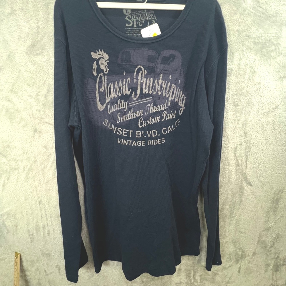 Retro‎ Rugged Navy Blue Waffle Knit Thermal Graphic Shirt Large Biker West Coast